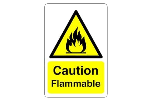 Image of Safety First Display LTD Caution flammable sign - High tack self-adhesive sticker (150mm x 100mm) Viewing Distance within 3m.