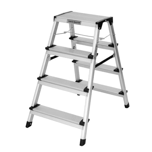 Image of Step Ladder Double-Sided Folding Step Up Stool Heavy Duty Hop Up Aluminium Platform 150kg Capacity Multi-Purpose DIY Indoor Outdoor Usage TOUGH MASTER (4 Steps)
