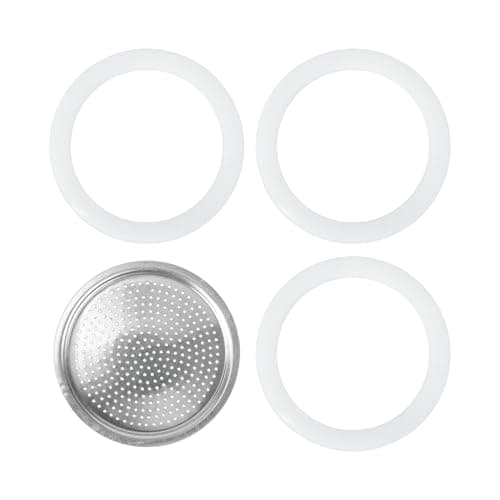 Image of lasuroa Filter with 3pcs Gaskets, Aluminum Silver Filter Silicone White Gasket Coffee Maker Pots Replacement Parts for Bialetti DAMA 3 & 4 Cups Venus Musa Kitty 4 Cups