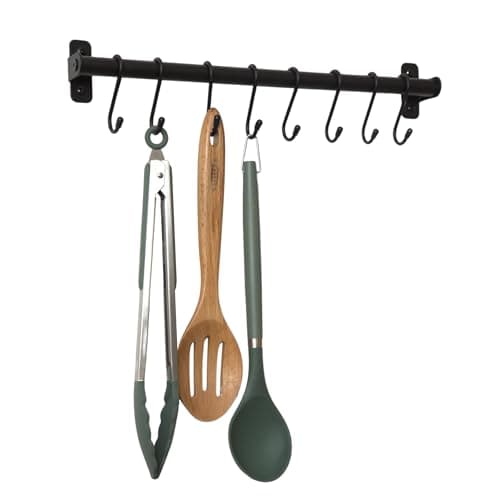 Image of simplywire - Kitchen Utensil Holder and Organiser – Wall Mounted Rail Pan Rack – 8 Hanging Hooks – Black