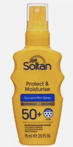 Image of Soltan Protect & Moisturise Suncare Mini Spray SPF50+ 75ml – High Protection Sunscreen with 5-Star UVA Rating, Water Resistant & Non-Greasy Formula – Ideal for Travel & On-the-Go