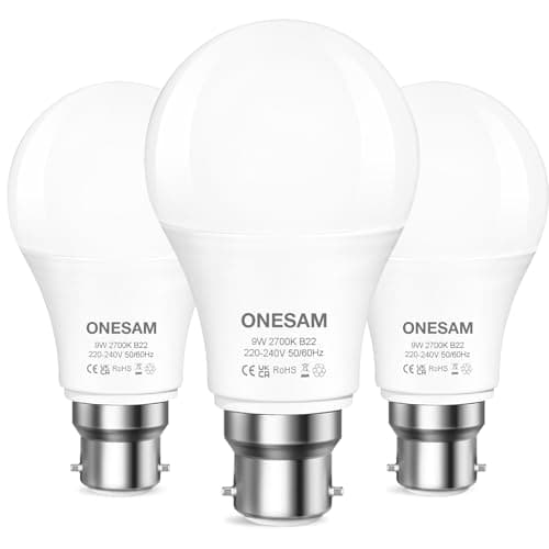Image of ONESAM Bayonet Light Bulb 60w Equivalent,B22 LED Bulbs Warm White 2700K,9W 830LM A60 GLS Energy Saving Lightbulbs Bayonet,220-240V,Non-dimmable,Pack of 3