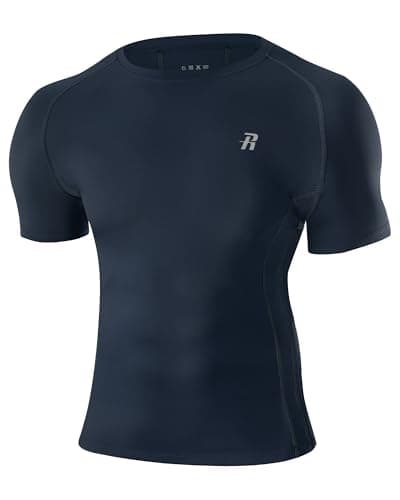 Image of Runhit Compression Tops for Men, Men's Short Sleeve Running Top, Mesh Muscle Fit T Shirt Quick Dry Base Layer Sports Top for Gym Training Workout Cycling Navy Blue S