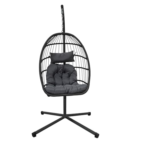 Image of Egg Chair Garden Swing Seat Rattan Foldable Hanging Hammock with Cushions Stand UV Resistant Outdoor Indoor Furniture (Light Grey)