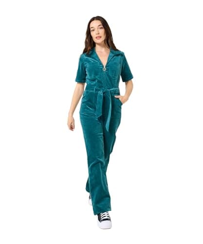 Image of Joe Browns Women's Zip Front Belted Bootcut Cord Jumpsuit, Turquoise, 36 Pequeño
