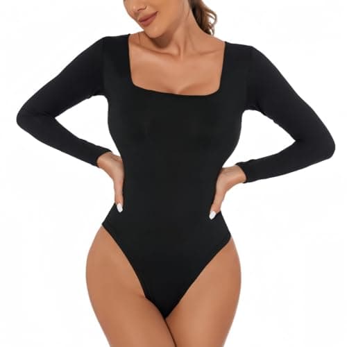 Image of SamHeng Women's Long Sleeve Bodysuit Sexy Square Neck Casual Leotard Tops Thong Stretchy Basic Body Suit Slim Fit Jumpsuit Clubwear Underwear(Black/M)