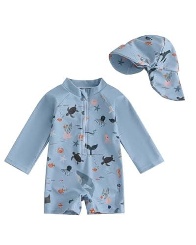Image of JiAmy Baby Boys Swimming Costume with Sun Hat Long Sleeve Zip Up Rash Guard Sun Protection Beach Infant Toddler Baby Swimsuit One Piece Bathing Suits Blue Grey 9-12 Months