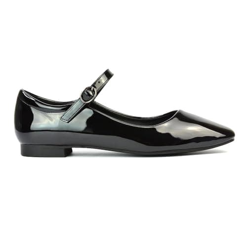 Image of ESSEX GLAM Womens Mary Jane Ballet Shoes Ladies Flats Buckle Strap Square Toe Black Patent Dolly Pumps Size 4
