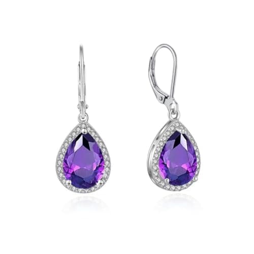 Image of YONVUN Crystal Gemstone Drop Dangle Leverback Earrings Dangly Hanging Teardrop Oval Pear Zircon Diamond Ruby Sapphire Emerald Silver Jewelry Set Gift for Wife Mom Daughter Girlfriend