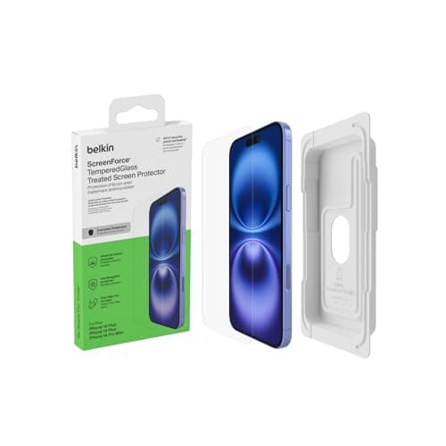 Image of Belkin ScreenForce TemperedGlass Treated Screen Protector for iPhone 15 Plus/14 Pro Max, Slim, Crystal Clear, Scratch-Resistant Tempered Glass Film, Easy Align Tray for Bubble Free Application