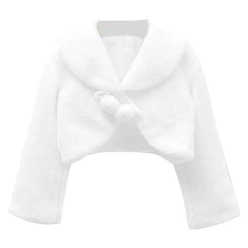 Image of Liujiami Long Sleeve Wedding Cardigan Girls Faux Fur Shrugs Winter Warmer Jacket Short Cardigan Dress Cover Ups Kids Bridesmaid Party Sweet Coat, White 5-6 Years