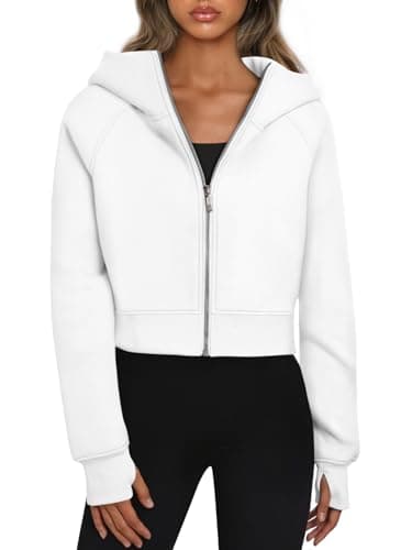 Image of Trendy Queen Womens Zip Up Hoodies Cropped Sweatshirts Fall Outfits Casual Hooded Pullover Sweaters Tops Winter Clothes 2023, White, S