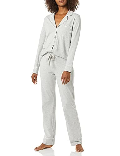 Image of Amazon Essentials Women's Cotton Modal Long-Sleeve Shirt and Full-Length Bottom Pyjama Set, Grey Heather, L