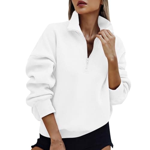 Image of Womens Half Zip Sweatshirt Solid Casual 1/4 Zip Pullover Tops Autumn Winter Cosy Jumpers Ladies Sweaters Quarter-Zip Fleece Sweatshirt with Pockets Knitwear Fashion Casual Long Sleeve Top White