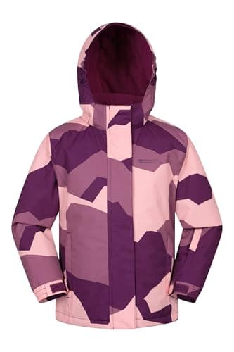 Image of Mountain Warehouse Snowdrop Printed Kids Ski Jacket - Waterproof, Integrated Snowskirt, Detachable Hood, Adjustable Cuffs -Best for Snowboarding, Winter Sports Berry Kids Size 9-10 Years