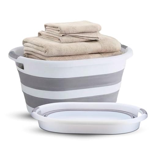 Image of BARGAIN FACTORY 40L Collapsible Plastic Laundry Basket, White & Grey, Foldable Pop Up Storage Container, Space Saving and Portable Organiser/Hamper