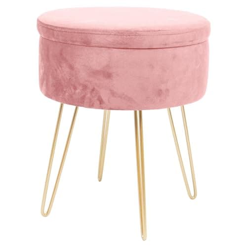 Image of Harbour Housewares Velvet Round Foot Stool with Storage - Pink with Gold Legs - Modern Dressing Table Pouffe Footstool Vanity Seats Vanity Chairs Footstools for Living Room, Bedroom