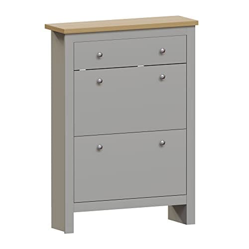 Image of Vida Designs Arlington Shoe Cabinet, Wooden Shoe Storage Unit with 1 slider & 2 Pull-Down Drawers, Multifunctional Dust-Proof Space-Saving Slim for Hallway or Entryway (Grey & Oak)