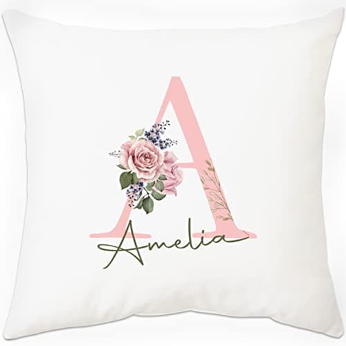 Image of PB TECH Personalised Pillow Cushion Cover, Customise Name And floral Initial Cushion Cover 40x40CM Without Filling Custom Gift For Her Him Couple Family Friend Christmas Birthday Anniversary Present