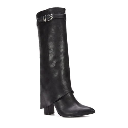 Image of ESSEX GLAM Women's Fold Over Knee High Boots Ladies Black Synthetic Leather Pointed Toe Buckle Block Heel Size 6