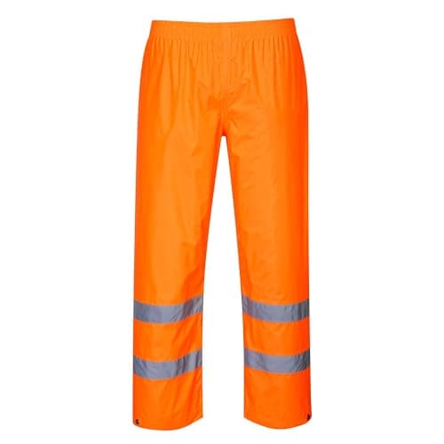 Image of Portwest H441 Hi-Vis Rain Trousers Mens Waterproof Overtrousers Lightweight Reflective Workwear Elasticated Waist Rain Pants Adjustible Hem 40+ UPF, Orange, L