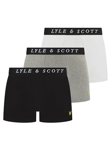 Image of Lyle & Scott Men’s Neville 3 Pack Cotton Trunk Boxer Shorts - Comfortable Stretch Fabric with Branded Waistband (UK, Alpha, XL, Regular, Regular, Grey Marl/Bright White/Black)