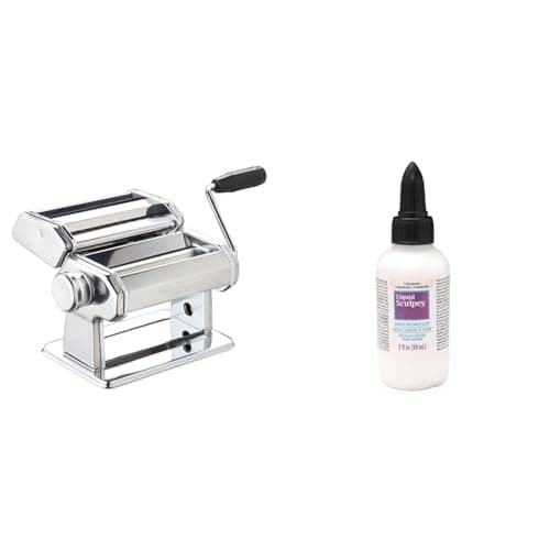 Image of World of Flavours Pasta Maker, Manual Pasta Machine with 9 Adjustable Thickness, Italian Deluxe Double Cutter, Stainless Steel & Sculpey Liquid Polymer Clay, 59 ml