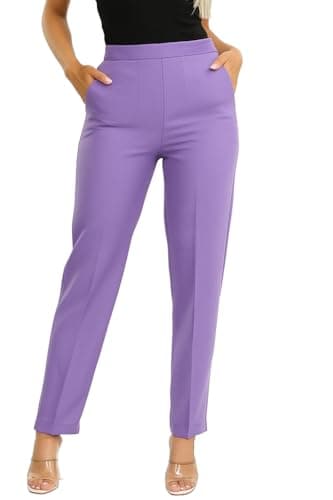Image of Trousers for Women Smart Suit Pants Ladies Trousers Finely Stitched Stretchy Half Elasticated Waist Pull Up (Purple L25 W12)