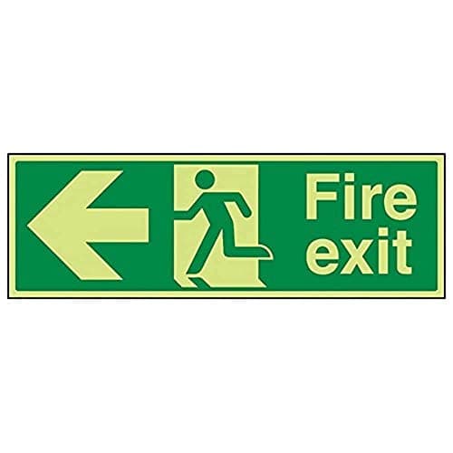 Image of V Safety 14003BJ-G Glow In The Dark Fire Exit Arrow Left Sign - 450mm x 150mm - Rigid Plastic, Green