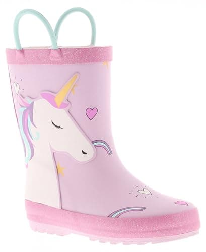 Image of Princess Stardust Girls Unicorn Fruit Print Wellington Boots Kids Toddler Warm Lined Rubber Rain Boots with Easy On Handles Waterproof Winter Snow Boots Pink Non slip Sole Pink 8 Child UK