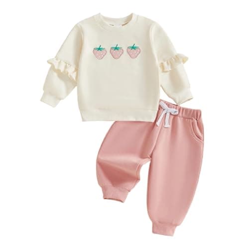 Image of Fall Baby Girl Outfits Toddler Sweatshirt Long Sleeve Strawberry Print Elastic Infant Girls Pullover Tops Clothes Solid Pants Pocket Set (Khaki, 12-18 Months)