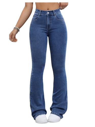 Image of GORGLITTER Flared Jeans for Women UK High Waisted Stretchy Bootcut Skinny Casual Denim Trousers Dark Wash Small