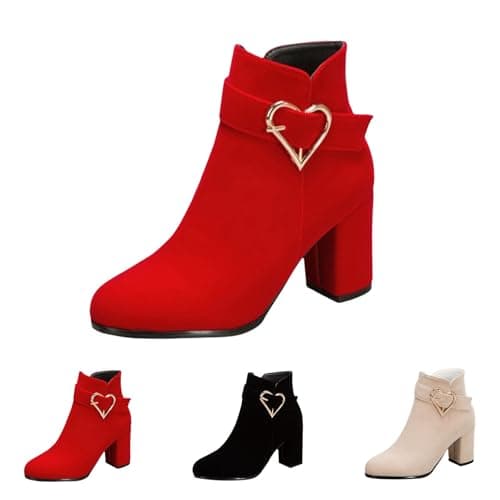 Image of UK 6 Women's Ankle Boots with Side Zipper Round Toe Block Mid High Heel Platform Chunky Heel Suede Lightweight Comfortable Walking Boots Ladies Casual Smart Party Shoes Red