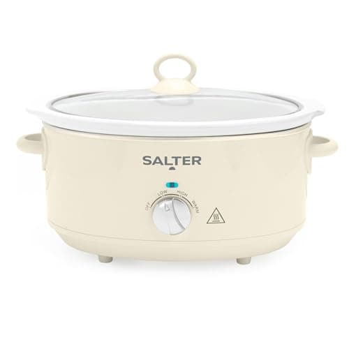 Image of Salter Retro 6.5L Slow Cooker – 3 Heat Settings & Keep Warm, Dishwasher Safe Ceramic Pot, Tempered Glass Lid, Cool Touch Handles, Family Cooking, Stews, Casseroles, Curries, Cream, 200W, EK6250CRM