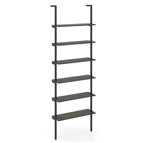 Image of COSTWAY 6-Tier Ladder Shelf, Industrial Wall Bookcase Shelving Unit Display Rack, Metal Frame Wooden Wall Mounted Bookshelf Tall Storage Shelves for Living Room Bedroom Office, 183cm (Grey Oak)