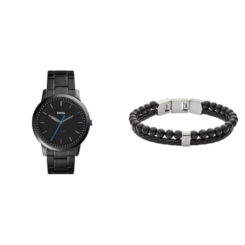 Image of FOSSIL Men's Minimalist Black Stainless Steel Watch and Townsman Semi-Precious Bracelet, Set