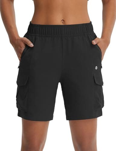 Image of baleaf Womens Hiking Cargo Shorts with Zip Pockets Water Resistant Quick Dry High Waisted for Outdoor Walking Golf Summer Travel Black L
