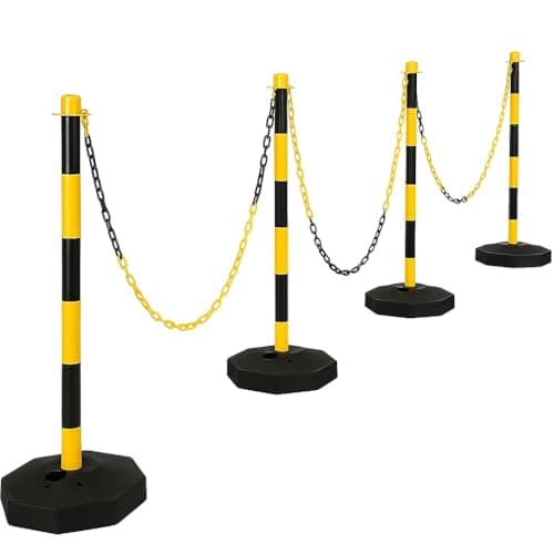 Image of Yellow & Black Plastic Chain Post Set (4 Posts, 32ft Chain) - Fillable 1m High Safety Barrier for Crowd Traffic Control, Car Parks and Demaraction (Yellow/Black)