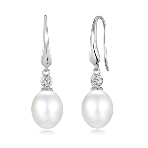 Image of Philip Jones Sterling Silver White Pearl Drop Earrings Created with Zircondia® Crystals