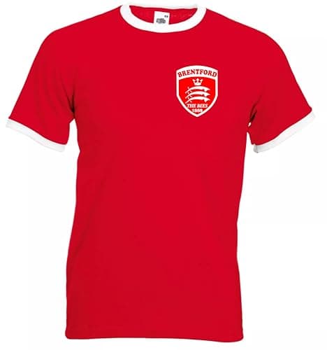 Image of Invicta Screen Printers Brentford Football 1889 The Bees Middlesex Retro Soccer T-Shirt Adult Unisex (UK, Alpha, XL, Regular, Regular, red)