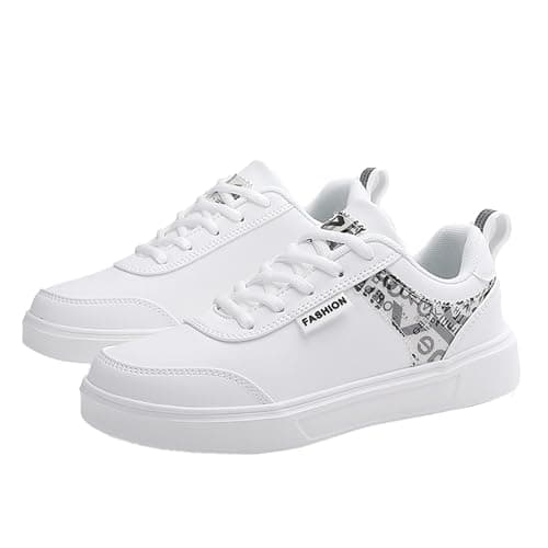 Image of Womens Skate Trainers, Travel Trainers Women Stylish Versatile Walking Shoes with Patterns Rock and Goth Shoes in Faux Leather Casual Canvas Sneaker Lightweight Non Slip Daily Footwear White
