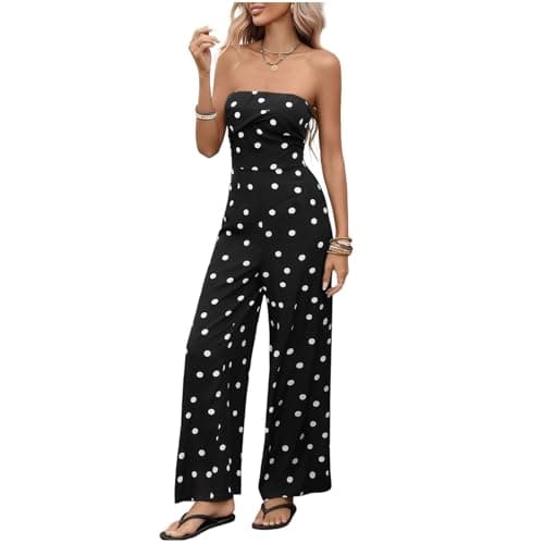 Image of Bandeau Jumpsuit for Women Uk Polka Dot Casual Ropmers Wide Leg Trousers Polka Dot Overalls Strapless Harem Pants Ladies Elegant Romper One Piece Playsuits Stretchy with Pocket Party Club Wedding