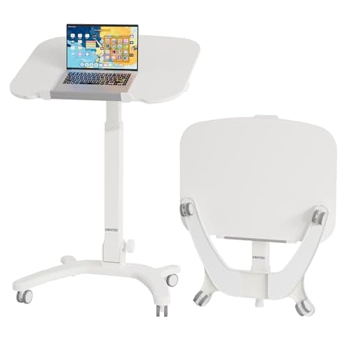 Image of BONTEC Foldable Ergonomic Computer Workstation with Rolling Castors, Height Adjustable Standing Desk, Eco-Friendly Laptop Stand on Wheels, Portable Desk for Home Office, Bedroom, Medical Use, 65x50cm
