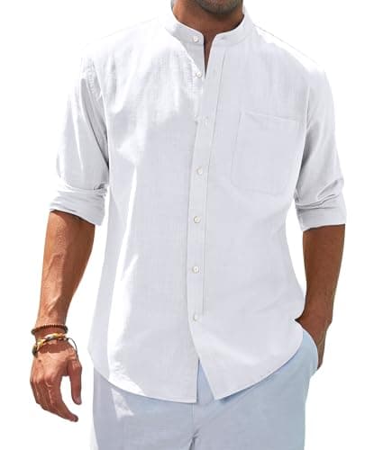 Image of siliteelon Men's Shirts White Grandad Collar Long Sleeve Linen Shirts Regular Fit Banded Collar Summer Beach Shirt with Pocket,XXL