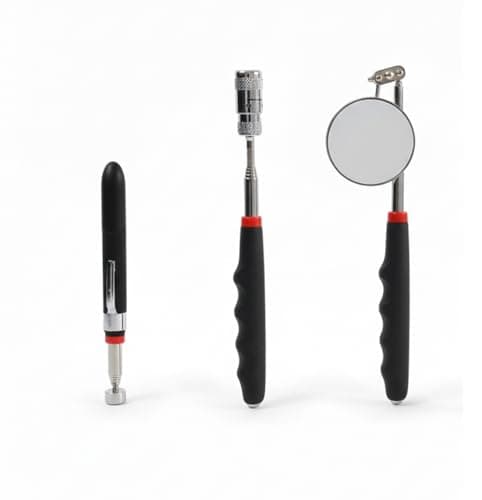 Image of 3-piece pick-up tool set: telescopic magnetic lifter with strong LED, flexible inspection mirror and magnetic gripper, the ideal car and workshop accessory