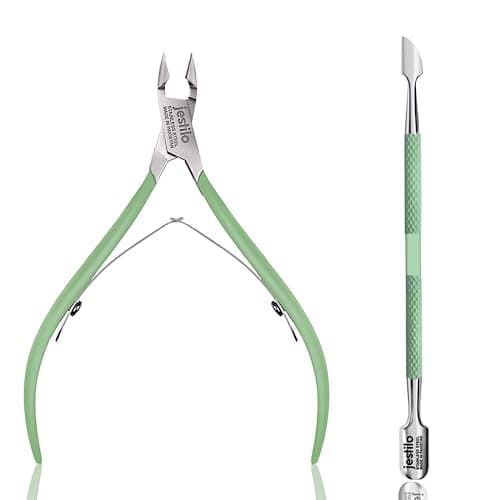 Image of Jestilo Cuticle Remover Tool Set with Cuticle Cutter and Cuticle Pusher - Stainless Steel Professional Cuticle Nipper and Pusher Nail Care Tools for Salon and Level Mani-Pedi at Home (Green)