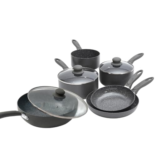 Image of Durastone Grey Non-Stick Cookware Set - Induction & All Hob Compatible with Glass Lids (6 Piece Pan Set Including Wok, x3 Saucepans and x2 Frying Pans)