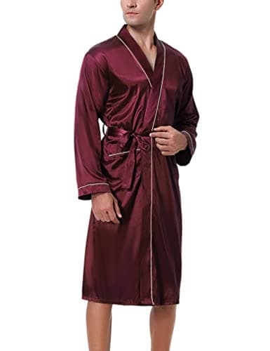 Image of Bresdk Men's Satin Robe Kimono Dressing Gown Silk Lightweight Long Sleeve Bathrobe with Belt and Pockets Night Robe for Wedding Party Wine red M