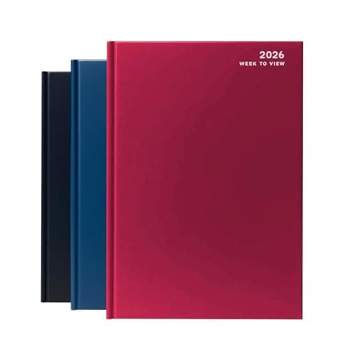 Image of 2026 Diary A4 | A5 Day a Page | Week to View Hard Backed Casebound Desk Diary with Ribbon Marker for Business, Office & Personal Use (Red, A5 Week to View)