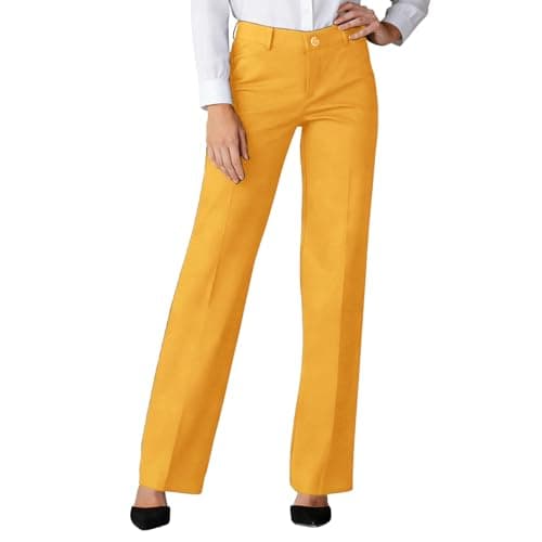 Image of Wide Leg Trousers for Women UK Stretch Ladies Work Palazzo Trousers with Pockets High Elasticated Waist Yoga Pants Business Casual Fashion Clothing Yellow